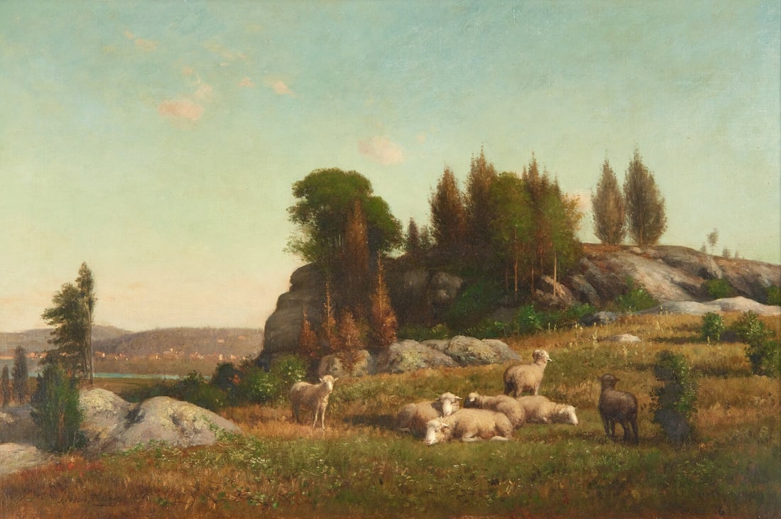 Joseph Foxcroft Cole (American, 1837-1892) Landscape with Sheep, 1871: Joseph Foxcroft Cole (American, 1837-1892) Landscape with Sheep, 1871 oil on canvas signed J. Foxcroft Cole and dated (lower left) 26 x 38 in. Property from a Midwest Institution This lot is located i