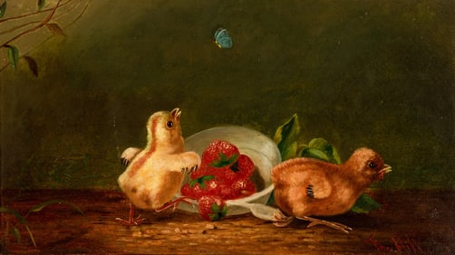 Thomas Hill (American, 1829-1908) Two Chicks, Butterfly, and Bowl of Strawberries