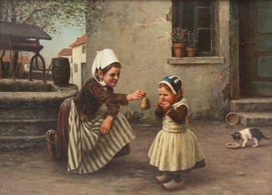 Luther Emerson Van Gorder (American, 1861-1931) Breton Mother Offering Child a Pear, 1898