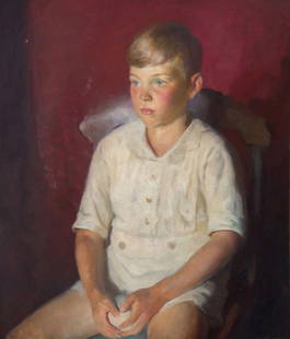 Henry Hensche (American, 1901-1992) The Young Baseball Player (Portrait of Jeff Groves, Seated): Henry Hensche (American, 1901-1992) The Young Baseball Player (Portrait of Jeff Groves, Seated) oil on board signed Henry Hensche (lower right) 28 x 24 in. Property from the Family Collection of Dr. P