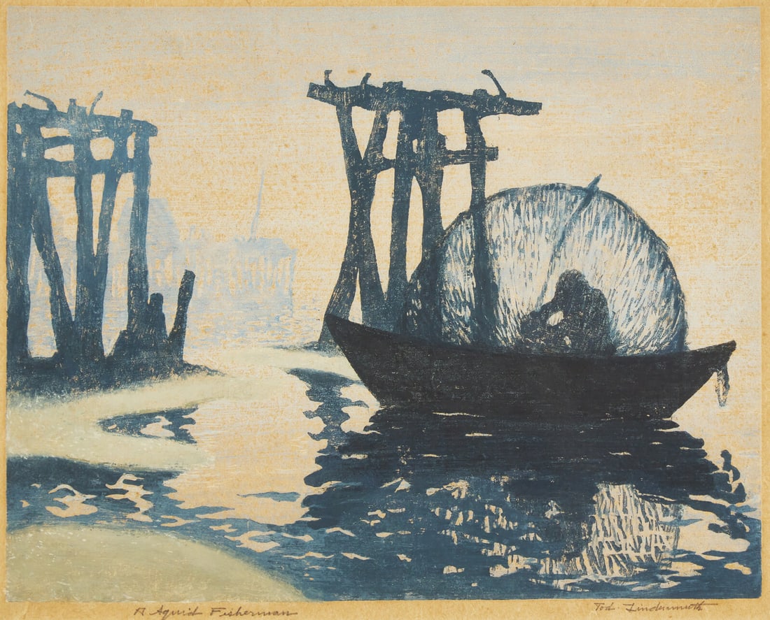 Tod Lindenmuth (American, 1885-1976) A Squid Fisherman: Tod Lindenmuth (American, 1885-1976) A Squid Fisherman linocut signed Tod Lindenmuth (lower right) and titled in pencil image size: 10 3/4 x 13 3/4 in. Property from the Family Collection of Dr. Perci