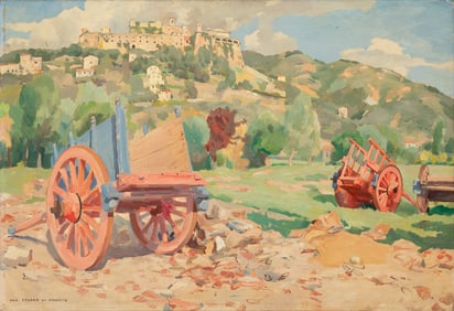 Ugo Celada da Virgilio (Italian, 1895-1995) Italian Mountain Village with Carts