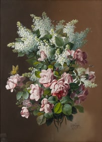 Paul de Longpré (French/American, 1855-1911) White Lilacs and Pink Roses, 1903