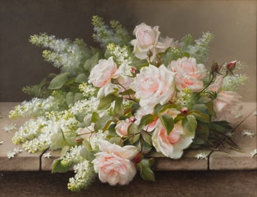 Raoul Maucherat de Longpre (French, 1843-1911) White Lilacs and Pink Roses