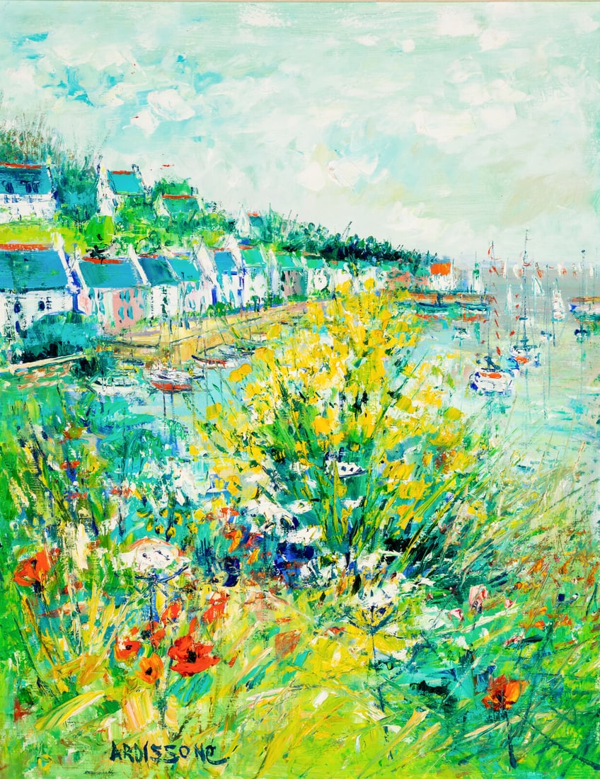 Yolande Ardissone (French, b. 1927) Fleurs au Port de Sauzon: Yolande Ardissone (French, b. 1927) Fleurs au Port de Sauzon oil on canvas signed ARDISONNE (lower left); titled (on the stretcher) 36 1/4 x 28 3/4 in. This lot is located in Chicago. Provenance: Wall