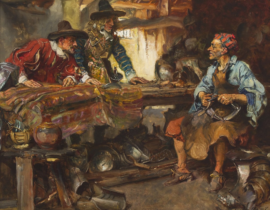 Edgar Bundy (British, 1862-1922) The Armourer: Edgar Bundy (British, 1862-1922) The Armourer oil on canvas signed Edgar Bundy (lower right) 22 1/4 x 28 in. This lot is located in Philadelphia. Provenance: John A. Cooling Galleries, London Sold: Ch