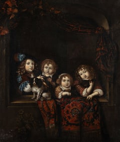 Follower of Caspar Netscher (Dutch, 1639-1684) Four Children and Their Pets at a Window