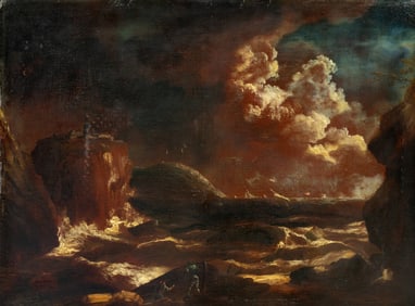 Attributed to Matthieu van Plattenberg (Flemish, 1608-1660) Shipwreck in Stormy Waters off Rocky