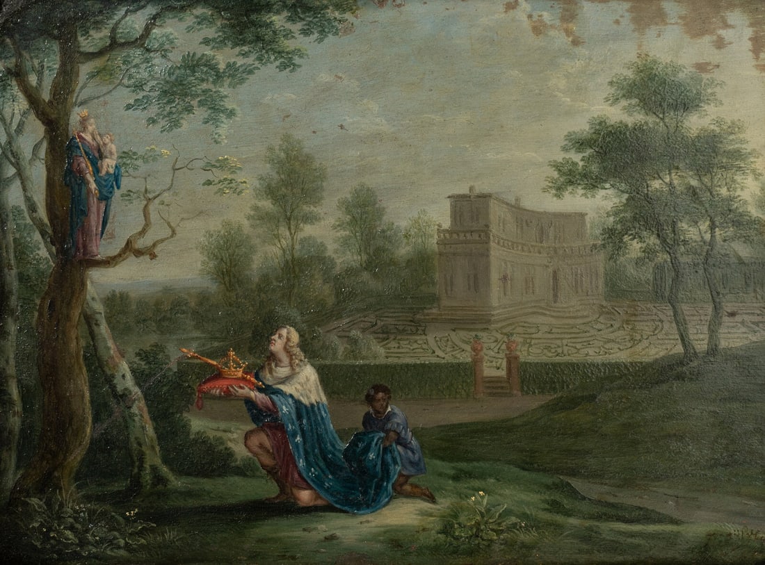 Peter Gysels (Flemish, 1621-1690) Virgin Mary Appearing Before Saint Louis of France: Peter Gysels (Flemish, 1621-1690) Virgin Mary Appearing Before Saint Louis of France oil on copper signed P. Gÿsels (lower right) 6 1/2 x 8 1/2 in. This lot is located in Chicago.