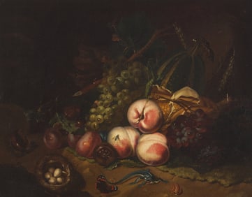 Follower of Rachel Ruysch (Dutch, 1664-1750) Still Life with Peaches, Grapes and Basket with Eggs