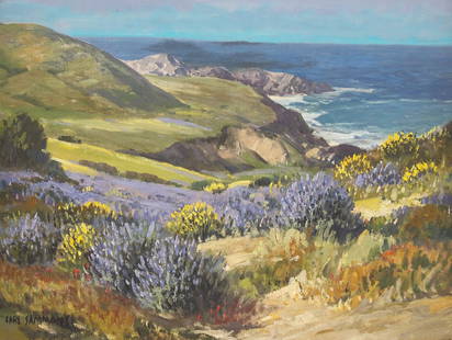 Carl Sammons (American, 1883-1968) Bush Lupin (Carmel Coast), 1944: Carl Sammons (American, 1883-1968) Bush Lupin (Carmel Coast), 1944 oil on panel signed Carl Sammons (lower left); titled and dated (on the reverse) 12 x 16 in. This lot is located in Philadelphia. Pro