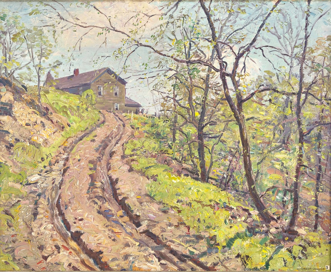 Everett Longley Warner (American, 1877-1963) The Rutted Road: Everett Longley Warner (American, 1877-1963) The Rutted Road oil on canvas signed EVERETT WARNER (lower right); signed and titled (backing board) 26 x 32 in. This lot is located in Philadelphia. Exhib