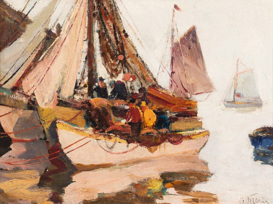 Anthony Thieme (American, 1880-1954) Preparing to Sail: Anthony Thieme (American, 1880-1954) Preparing to Sail oil on board signed AThieme (lower right) 12 x 16 in. Property from the Collection of William and Sara Lee Hatlem, Fort Wayne, Indiana This lot i