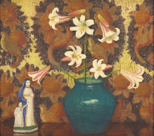 Emma Fordyce MacRae (American, 1887-1974) Lilies in Turquoise Vase