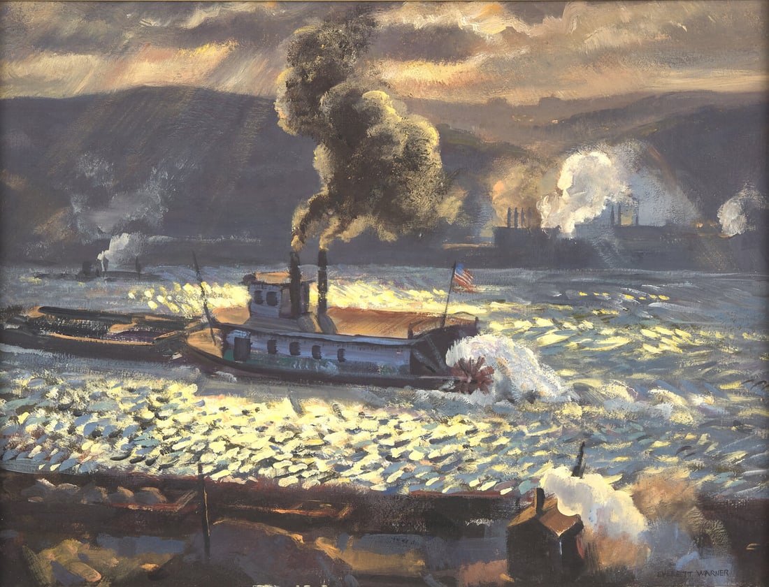Everett Longley Warner (American, 1877-1963) Industrial River Scene: Everett Longley Warner (American, 1877-1963) Industrial River Scene oil on board signed Everett Warner (lower right) 16 5/8 x 22 in. This lot is located in Philadelphia. Provenance: Private Collection