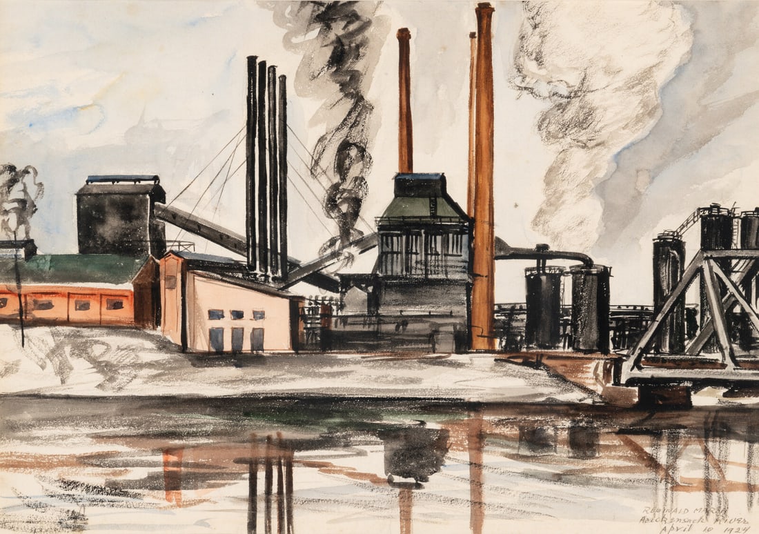 Reginald Marsh (American, 1898-1954) Hackensack River, 1924: Reginald Marsh (American, 1898-1954) Hackensack River, 1924 watercolor and charcoal on paper signed Reginald Marsh, titled, and dated April 10 1924 (lower right) 13 3/4 x 20 in. Property from the Esta