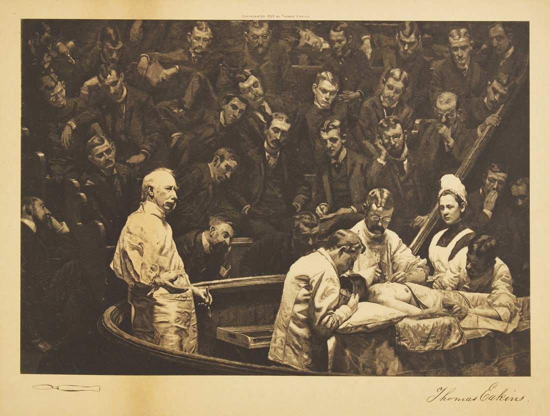 Thomas Eakins (American, 1844-1916) The Agnew Clinic: Thomas Eakins (American, 1844-1916) The Agnew Clinic lithograph inscribed Thomas Eakins (lower right) and palette knife motif (lower right) 11 1/4 x 7 3/4 in. This lot is located in Philadelphia. Prov