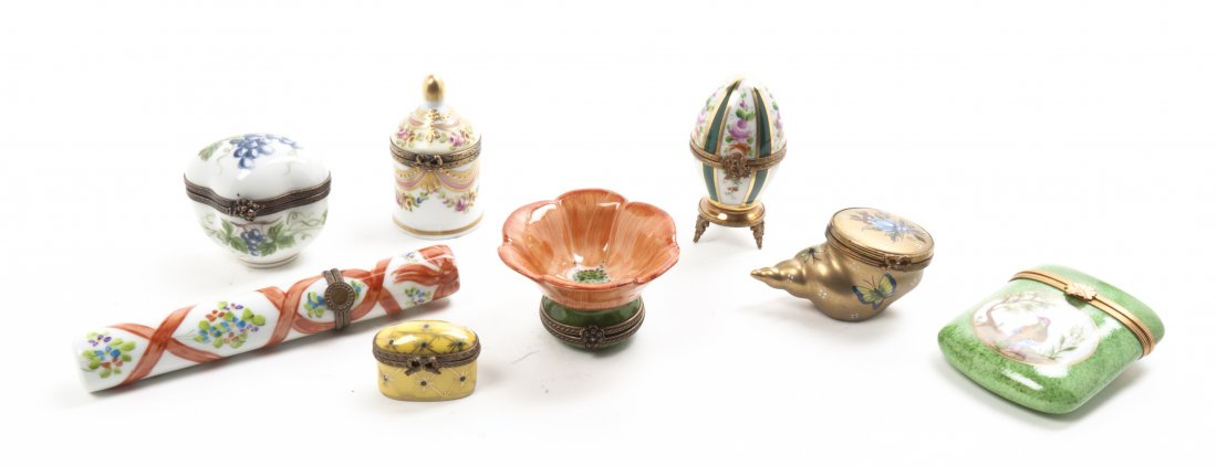 A Collection of Eight Limoges Boxes, Length of longest : A Collection of Eight Limoges Boxes, of various forms and decorations. Length of longest 4 7/8 inches. Property from the Collection of Dr. and Mrs. Sumner Barenberg, Chicago, Illinois