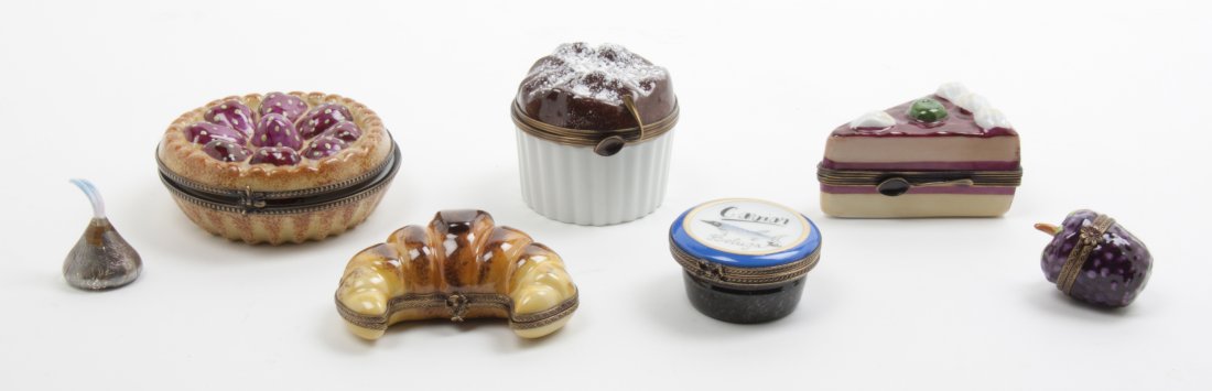 A Collection of Seven Limoges Porcelain Boxes, Diameter: A Collection of Seven Limoges Porcelain Boxes, in the form of various fruit and pastries. Diameter 3 1/4 inches. Property from the Collection of Dr. and Mrs. Sumner Barenberg, Chicago, Illinois
