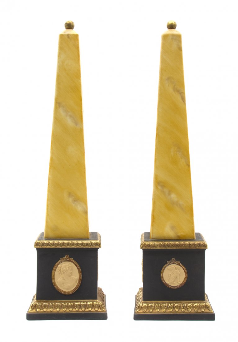 A Pair of Italian Ceramic Obelisks, Height 17 inches.: A Pair of Italian Ceramic Obelisks, modern, having a faux marble finish. Height 17 inches. Property from the Collection of Mr. and Mrs. William E. Benjamin II, Manalapan, Florida