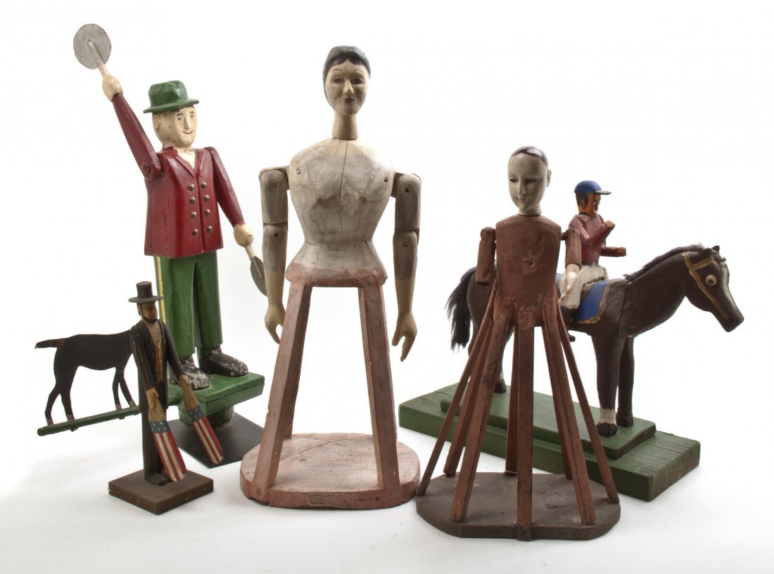 A Group of Painted Wood Articles, Height of tallest 25 : A Group of Painted Wood Articles, comprising a whirligig, a figure of Abraham Lincoln, a model of a jockey on a horse and two folk art girls. Height of tallest 25 7/8 inches. Property from the Collect
