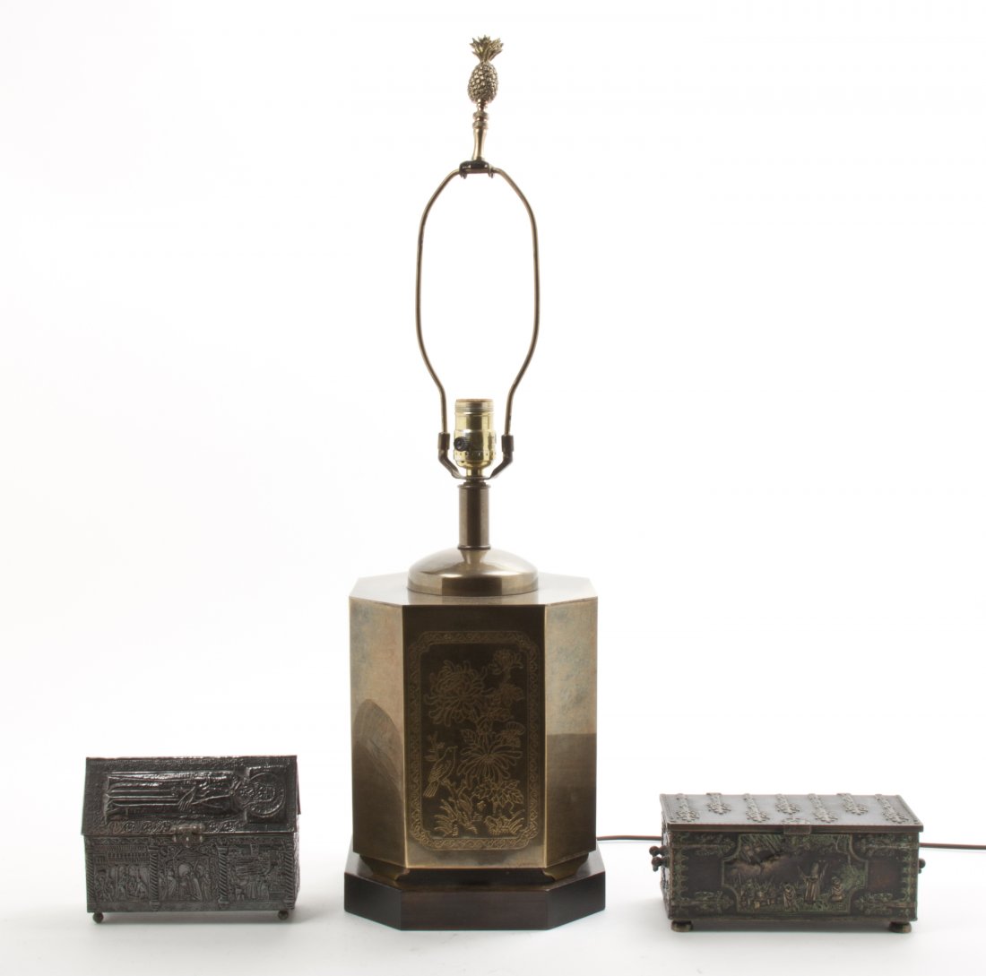 Three Decorative Table Articles, Height of tallest 27 3: Three Decorative Table Articles, comprising a Chinese brass table lamp and two table caskets. Height of tallest 27 3/4 inches overall. Property from the Collection of Fred L. Drucker, Chicago, Illinoi