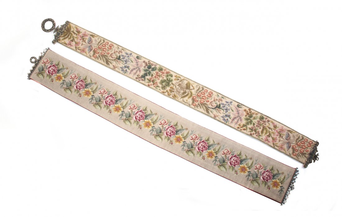 Two Victorian Needlepoint Bell Pulls, Height of first 5: Two Victorian Needlepoint Bell Pulls, the first having repeating foliate decoration with Gothic Revival cast metal mounts, the second with birds amidst flowering branches. Height of first 57 1/2 inche