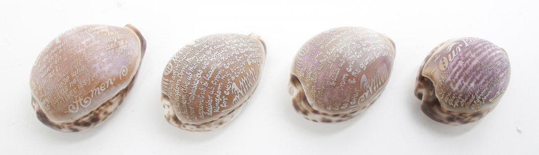 Four Cameo Carved Shells, Width of widest 4 1/8 inches.: Four Cameo Carved Shells, each with the Our Father inscribed. Width of widest 4 1/8 inches. Property from the Estate of Mr. Mark Fritz, West Bloomfield, Michigan