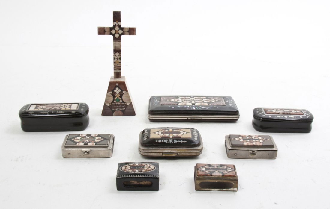 A Collection of Stone Inset Boxes, Width of widest 5 1/: A Collection of Stone Inset Boxes, of various sizes and functions, together with a stone inlaid cross; nine items total. Width of widest 5 1/2 inches. Property from the Estate of Mr. Mark Fritz, West