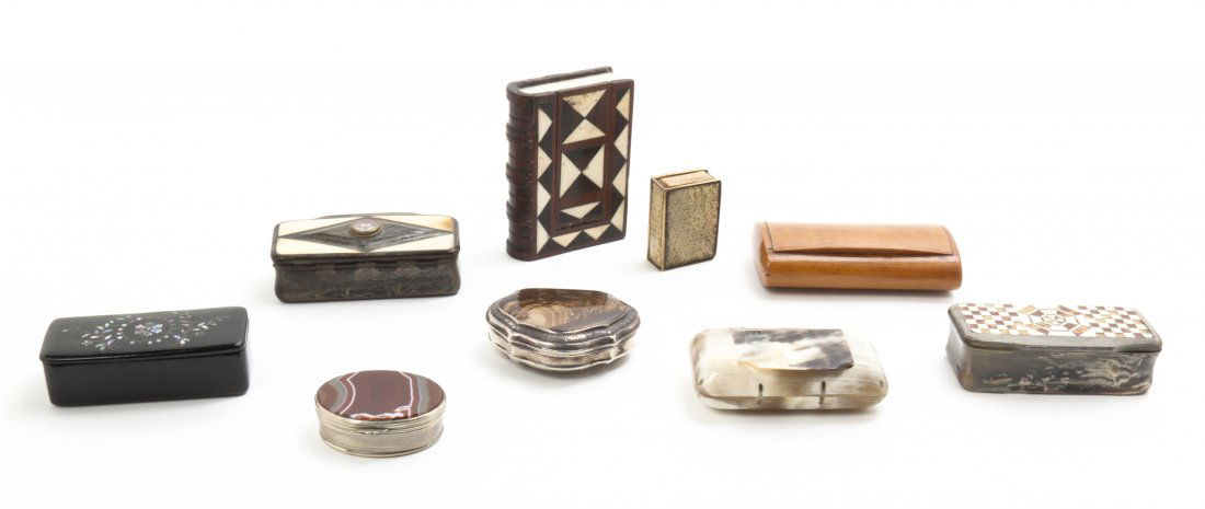 A Collection of Decorative Boxes, Length of longest 4 i: A Collection of Decorative Boxes, of various sizes and materials, including bone, horn and others; nine items total. Length of longest 4 inches. Property from the Estate of Mr. Mark Fritz, West Bloomf