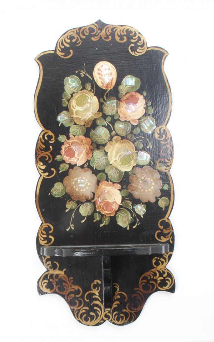 A Victorian Style Polychrome and Mother-of-Pearl Decora: A Victorian Style Polychrome and Mother-of-Pearl Decorated Wall Bracket, centered with a floral cluster. Height 21 inches. Property from the Estate of Mr. Mark Fritz, West Bloomfield, Michigan