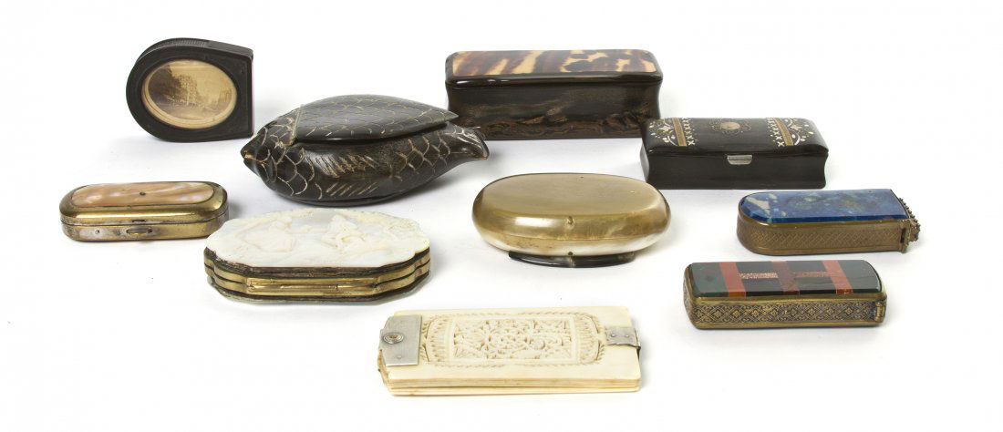 A Collection of Decorative Boxes, Width of widest 3 3/4: A Collection of Decorative Boxes, of various sizes, materials and vintages, including tortoise shell, mother-of-pearl and others, together with an ivory notepad; 10 items total. Width of widest 3 3/4