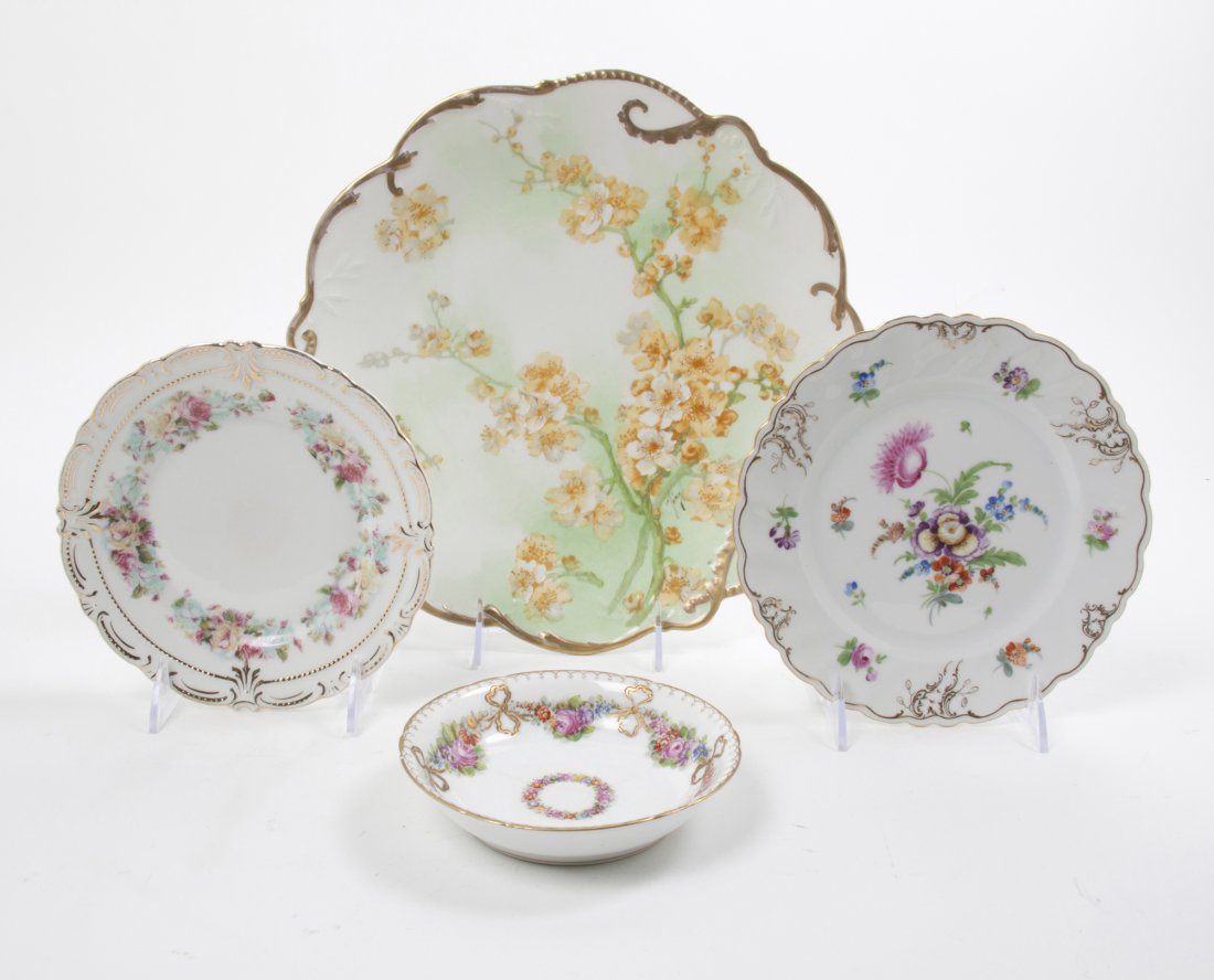 A Collection of Porcelain Table Articles, Width of tray: A Collection of Porcelain Table Articles, comprising a Limoges tray, 11 Dresden finger bowls, 8 German bread plates and 12 Dresden dessert plates. Width of tray 12 1/8 inches.