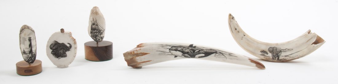 A Collection of Five Fossilized Ivory Articles, Length : A Collection of Five Fossilized Ivory Articles, comprising a fragment with a ship, a fragment with a lighthouse, a tooth with an elephant signed P.T. Keller, a tusk with two orca whales and a fragment