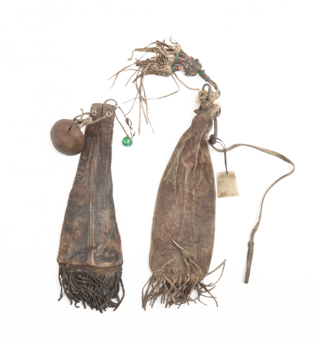 Two Native American Leather Tobacco Pouches, Length 11