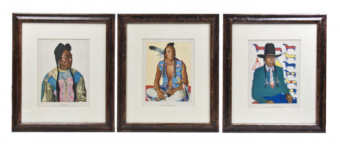 Nine Prints of Blackfeet Indians, after Winold Reiss, H: Nine Prints of Blackfeet Indians, after Winold Reiss, including Lazy Boy, Two Guns, Big Face Chief and others, each framed and matted. Height of frame 19 x width 16 1/2 inches.