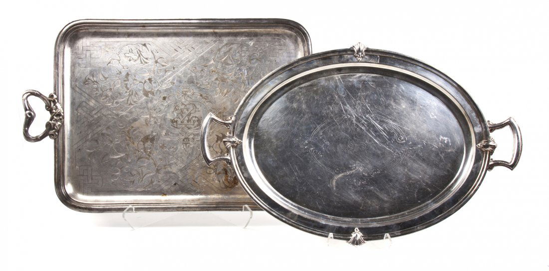 A French Silverplate Serving Tray, Christofle, Width of: A French Silverplate Serving Tray, Christofle, of rectangular form with rounded corners and applied stylized vine handles, the body having engraved intertwined geometric and morning glory decoration c
