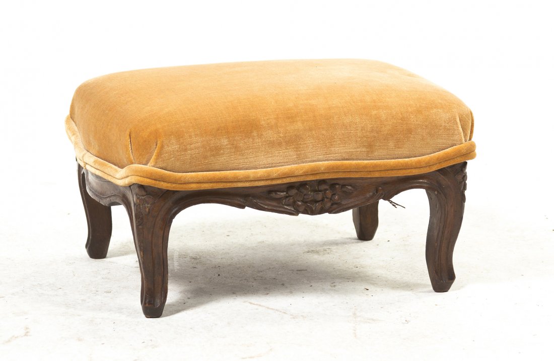 A Louis XV Style Ottoman, Height 7 1/2 x width 15 x dep: A Louis XV Style Ottoman, having a rectangular upholstered seat, raised on short cabriole legs. Height 7 1/2 x width 15 x depth 12 inches. Property from the Collection of Mr. and Mrs. William E. Benja