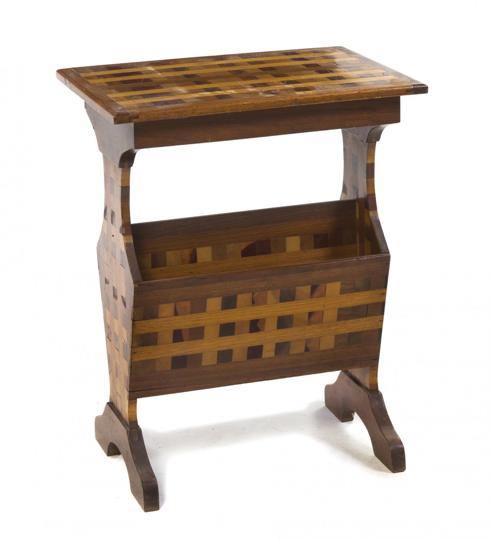 A Various Woods Parquetry Side Table, Height 22 1/2 x w: A Various Woods Parquetry Side Table, having a rectangular top raised on twin supports, set with two compartments. Height 22 1/2 x width 17 3/4 x depth 12 1/2 inches. Property from the Estate of Mr. M