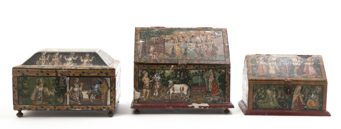 Three Indian Polychrome Decorated Table Caskets, Width : Three Indian Polychrome Decorated Table Caskets, each of house form with figural decoration throughout. Width of widest 8 3/4 inches. Property from the Collection of Dr. and Mrs. Sumner Barenberg, Chi