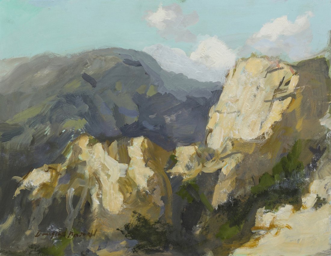 Douglas Ewell Parshall, (American, 1899-1990), Mountain: Douglas Ewell Parshall (American, 1899-1990) Mountain Landscape, 1977 (together with a pastel on paper, titled: Portrait of Zoe de Salle) oil on board signed Douglas Parshall and