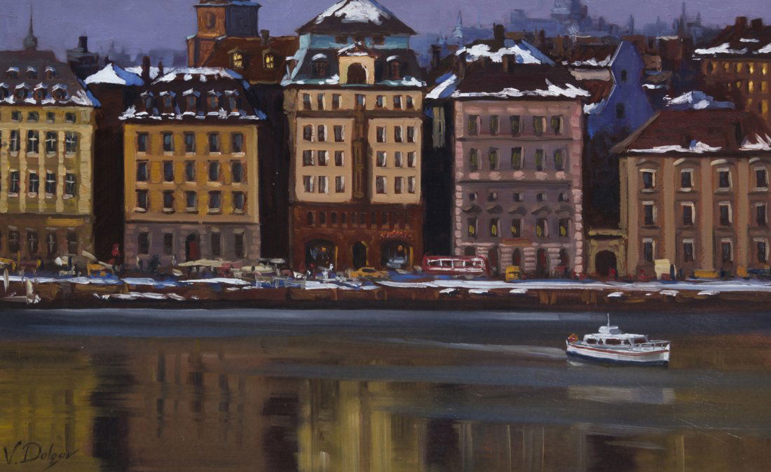 Vadim Dolgov, (Russian, 20th century), Untitled Citysca: Vadim Dolgov (Russian, 20th century) Untitled Cityscape oil on board signed V. Dolgov (lower left) 14 x 24 inches.