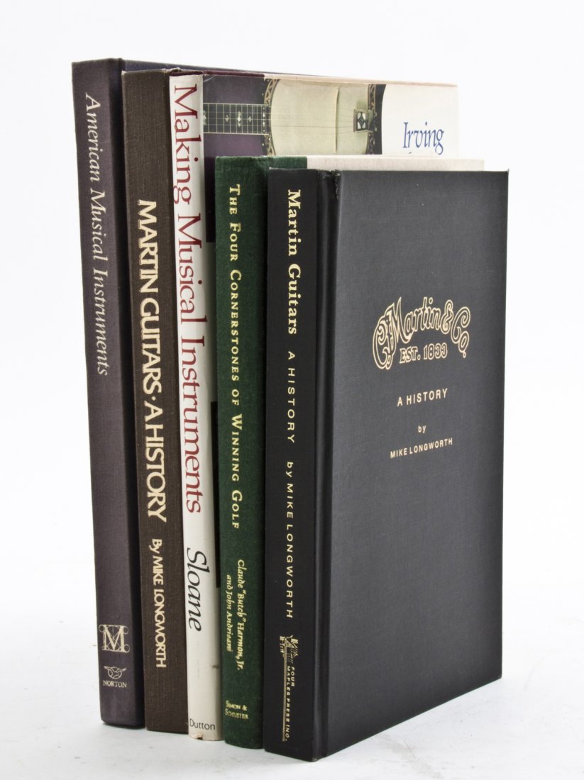 A Collection of Books Pertaining to Guitars and Golf,: A Collection of Books Pertaining to Guitars and Golf, approximately 17 examples, including American Musical Instruments by Lawrence Libin, Golf Antiques by John Olman and Martin Guitars: A History