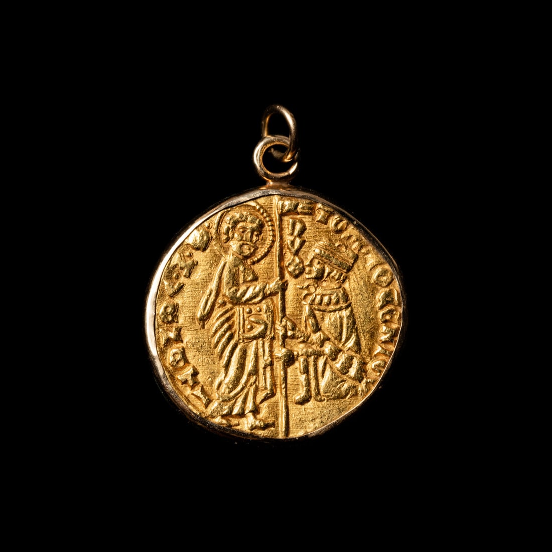 [MEDIEVAL] VENICE REPUBLIC. Doge Tommaso Mocenigo (1382-1423). Av Ducat.: [MEDIEVAL] VENICE REPUBLIC. Doge Tommaso Mocenigo (1382-1423). Av Ducat. set within a gold bezel (4.7 g total). Property from the Estate of T.J. Burke, Wheaton, Illinois PROVENANCE: Victor England and