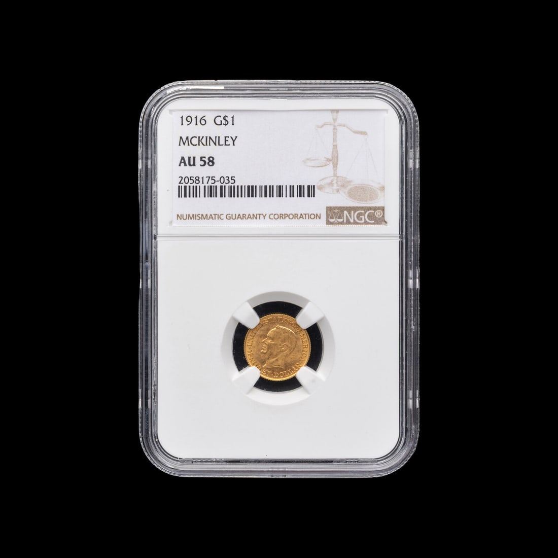 A 1916 McKinley Commemorative $1 Gold Coin [NGC AU58]: A 1916 McKinley Commemorative $1 Gold Coin [NGC AU58] This lot is located in Chicago.
