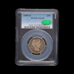 A 1909-O Barber 25c Coin [PCGS VG10; CAC Green Sticker]