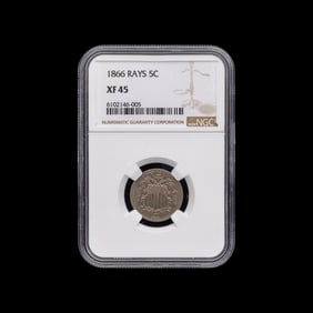 An 1866 Shield: Rays 5c Coin [NGC XF45]