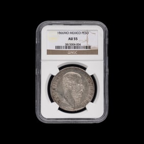 [MEXICO] An 1866-MO Emperor Maximillian 1 Peso Coin [NGC AU55]