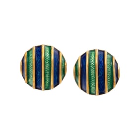 BLUE AND GREEN ENAMEL BUTTON EARRINGS