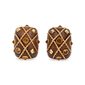 SEAMAN SCHEPPS, WOOD, CITRINE, AND YELLOW GOLD 'CAGE' EARRINGS